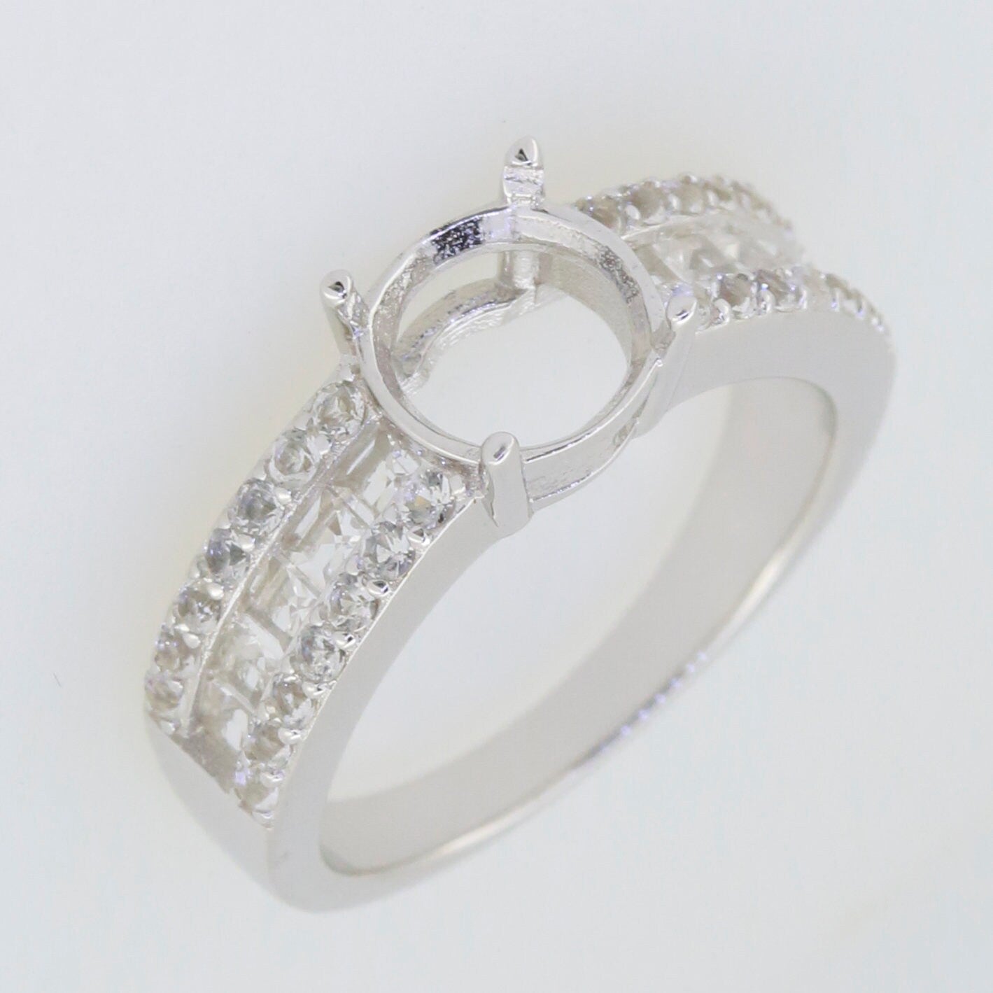 Sterling Silver Semi Mount Ring Setting with Round RD 8x8mm and Baguette accents, custom made to order.