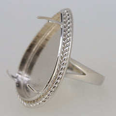 Sterling silver semi mount ring setting, ready for a 27x17mm cabochon gemstone with intricate design.