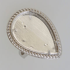 Sterling Silver semi mount ring setting for 27x17mm pear cabochon, featuring a decorative twisted edge design.