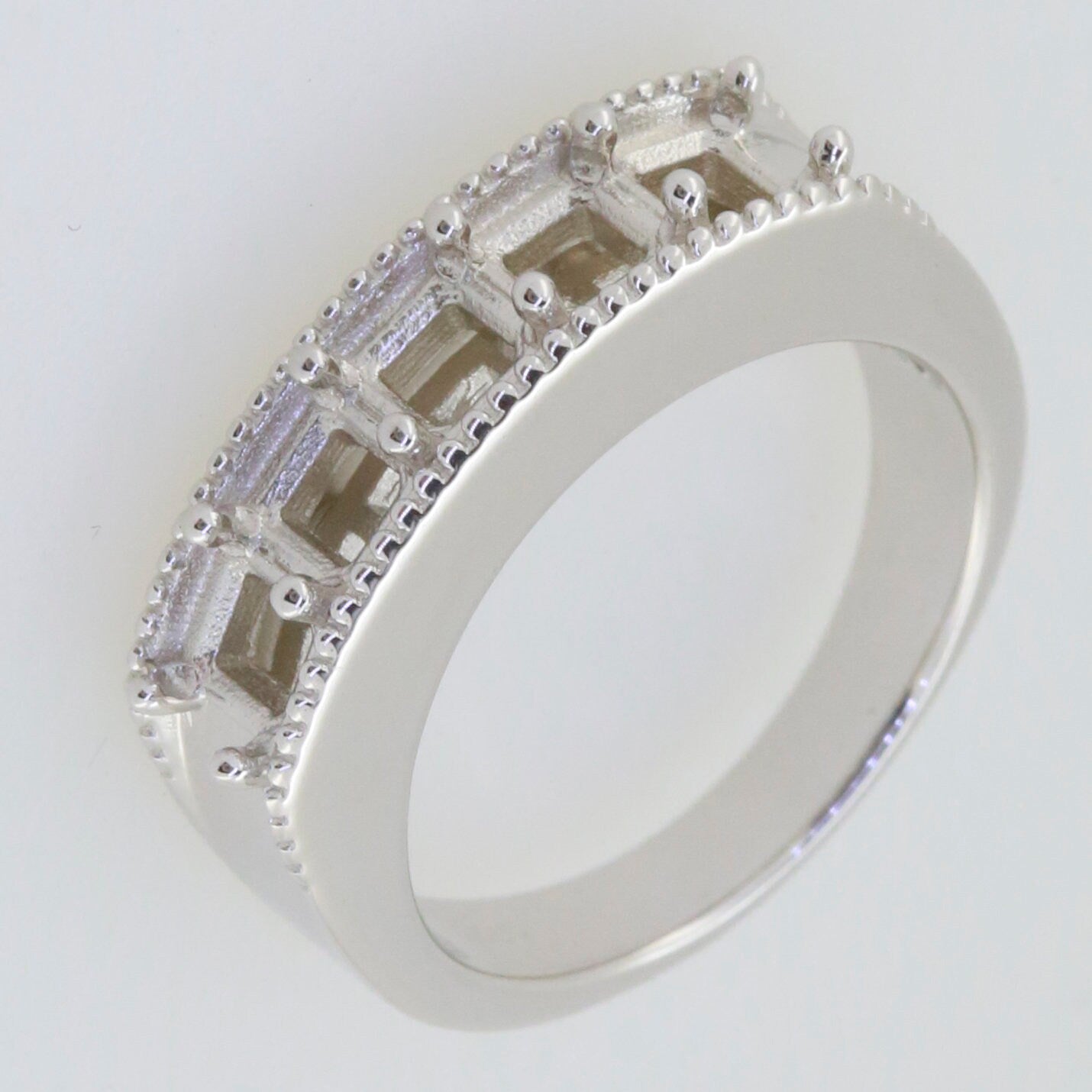 Sterling Silver Semi Mount Ring Setting with Square Emerald and Multi Stone Band design