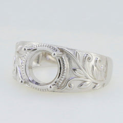 Sterling Silver Semi Mount Ring Setting with Art Nouveau design, featuring intricate leaf patterns and round gemstone placeholder.