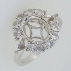 Sterling Silver Semi Mount Ring Setting for Oval 11x9mm and Pear 6x4mm Moissanite stones in a halo design.
