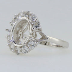 Sterling Silver Semi Mount Ring Setting with Moissanite Accents, oval center setting and halo design.
