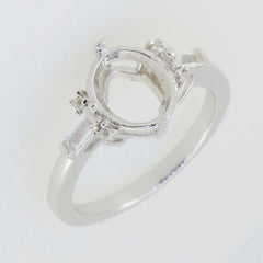 Sterling silver semi mount ring setting with oval shape for 10x8mm gemstone and baguette accents.