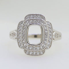 Sterling Silver Semi Mount Ring Setting with Halo of D Color Moissanite for 8x6mm Cushion Gemstone.