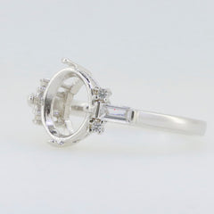 Sterling Silver Semi Mount Ring Setting with Oval 10x8mm and Baguette Accent, featuring White Topaz gemstones.
