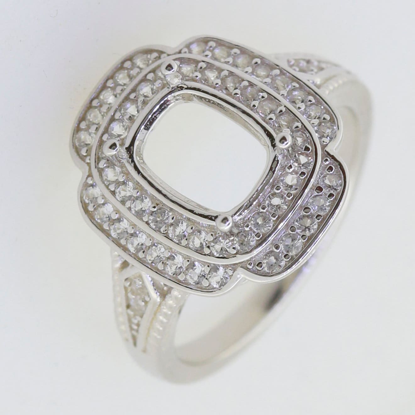 Sterling Silver Semi Mount Ring Setting with cushion halo for D Color Moissanite, customizable and made to order.