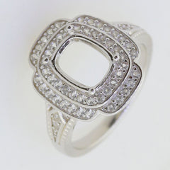 Sterling Silver Semi Mount Ring Setting with cushion halo for D Color Moissanite, customizable and made to order.