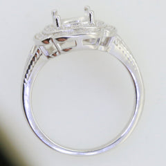 Sterling silver semi mount ring setting with cushion halo design for D color Moissanite gemstones.