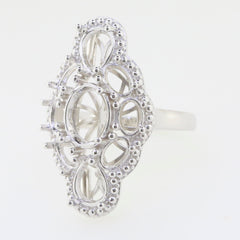 Sterling silver semi mount ring setting with intricate oval design perfect for custom gemstones.