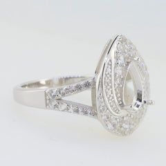 Sterling silver semi mount ring setting with white topaz accents, 9x6mm pear shape, split shank halo design.