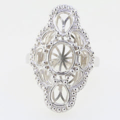 Sterling silver semi mount ring setting featuring intricate design for oval gemstones, customizable and made to order.
