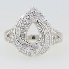 Sterling Silver Semi Mount Ring Setting with White Topaz Accent, Pear Shaped Halo Design, Split Shank Style.