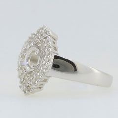 Sterling silver semi mount ring setting featuring a round 6x6mm stone with crisscross double halo design.