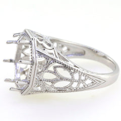Sterling Silver Art Deco Semi Mount Ring Setting, featuring intricate filigree design and round 10x10mm gemstone holder.