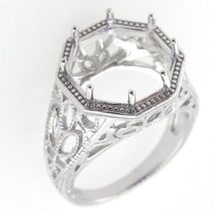 Sterling silver semi mount ring setting with Art Deco design, featuring an octagonal gemstone holder.