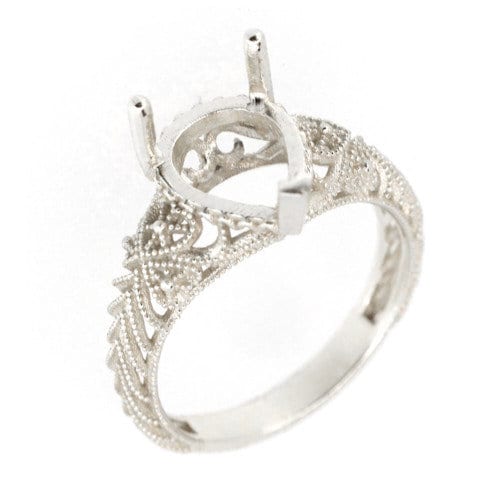 Sterling Silver Semi Mount Ring Setting with intricate Art Deco design, suitable for a Pear gemstone 11x8mm.