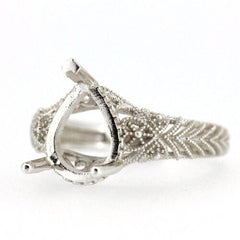 Sterling Silver Semi Mount Ring Setting in Art Deco style, featuring intricate design for 11x8mm pear gemstone.