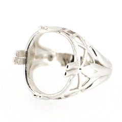 Sterling Silver Art Deco semi mount ring setting for oval gemstone, side view showcasing intricate design.