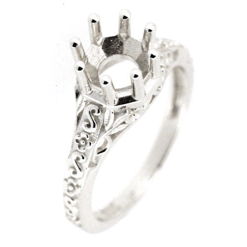 Sterling silver semi mount ring setting in Art Deco style with round 6x6mm gemstone holder.