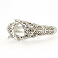 Sterling Silver Semi Mount Ring Setting with Art Deco design for 7x5mm Pear gemstone