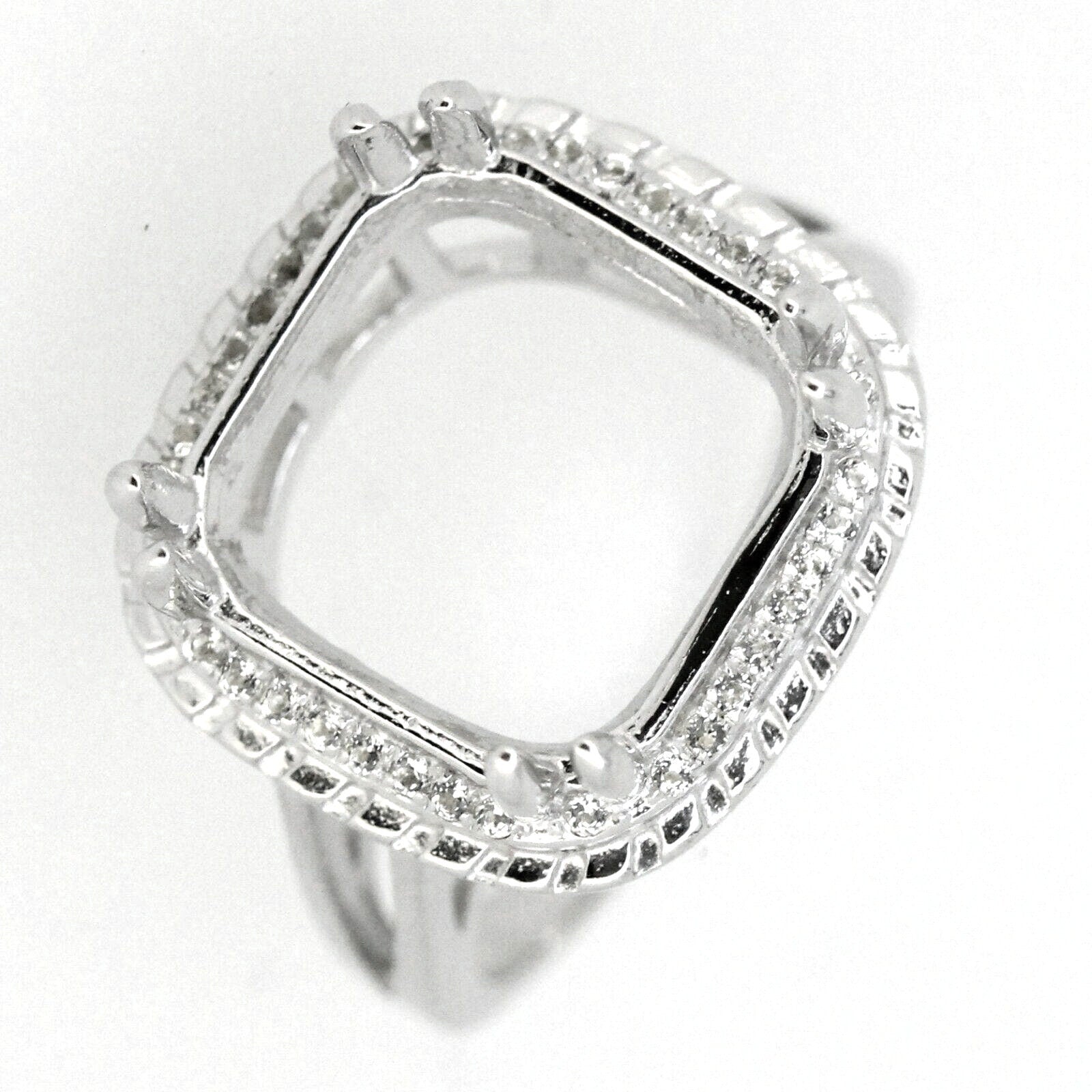 Sterling silver semi mount ring setting with a square halo design, featuring white topaz accents.
