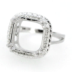 Sterling Silver semi mount ring setting with square halo for 14x14mm emerald and white topaz accents.