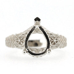 Sterling Silver Semi Mount Ring Setting in Art Deco style with a pear-shaped centerpiece opening for gemstone.