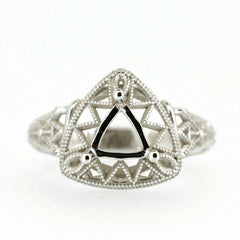 Sterling silver semi mount ring setting with Art Deco style design, featuring a triangular cutout for gemstone.