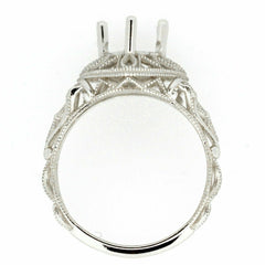 Sterling silver semi mount ring setting with detailed Art Deco design, ready for custom gemstone placement.