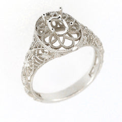 Sterling silver semi mount ring setting with intricate Art Deco design for oval gem 6x4mm, made to order.