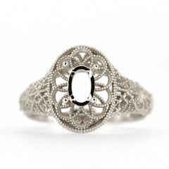 Sterling Silver Semi Mount Ring Setting with oval 6x4mm Art Deco design, perfect for custom gemstone placement.
