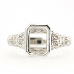 Sterling silver semi mount ring setting with intricate Art Deco design, ready for custom gemstone placement.