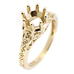Sterling silver semi mount ring setting with decorative Art Deco style, designed for a 6x6mm round gemstone.