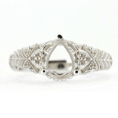 Sterling silver semi mount ring setting in Art Deco style, featuring a pear-shaped center stone design.