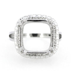 Sterling Silver Semi Mount Ring Setting with square halo design and white topaz accents, ideal for custom gemstone.