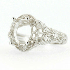 Sterling silver semi mount ring setting with art nouveau design for 9x7mm oval stones, made to order.