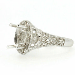 Sterling Silver Semi Mount Ring Setting with Art Nouveau Style scroll design, suitable for 9x7mm oval stones.