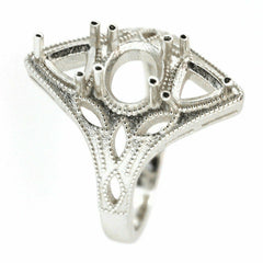 Sterling Silver Semi Mount Ring Setting for Oval and Triangular Stones in Art Deco Style