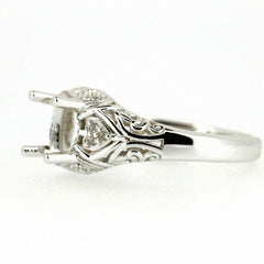 Sterling Silver Semi Mount Ring Setting with Art Deco Design, featuring intricate scrollwork and ready for a 7x5mm oval stone.