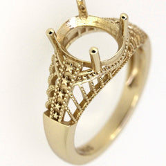 Sterling silver semi mount ring setting in Art Deco style for oval stone 10x8mm, intricate design.