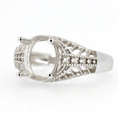 Sterling silver semi mount ring setting in Art Deco style, featuring intricate design for 10x8mm oval stone.