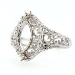 Sterling Silver Semi Mount Ring Setting in Art Nouveau style with intricate scroll detailing and space for a Marquise gem.