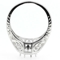 Sterling Silver Semi Mount Ring Setting, round RD 7x7mm, Art Deco style with intricate scroll design.