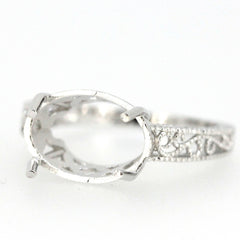 Sterling silver semi mount ring setting with oval 13x9mm design in art deco style, featuring intricate scroll detailing.