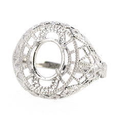 Sterling Silver Semi Mount Ring Setting with Art Deco Style Scroll for Oval Gemstone 9x7mm