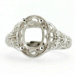 Sterling Silver Semi Mount Ring Setting in Art Nouveau Style with Oval 9x7mm space for gemstone.