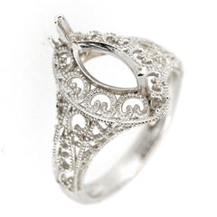 Sterling Silver Semi Mount Ring Setting in Art Nouveau Style with intricate scroll design, 10x5mm marquise stone holder.