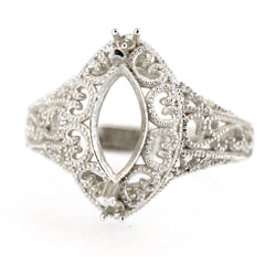 Sterling silver semi mount ring setting in marquise design, featuring intricate art nouveau scroll details.