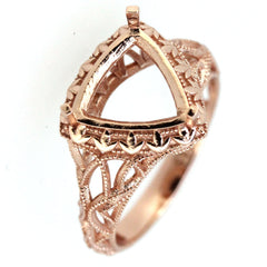 Sterling silver semi mount ring setting featuring art deco style scroll design, designed for 10x10mm trillion shape.